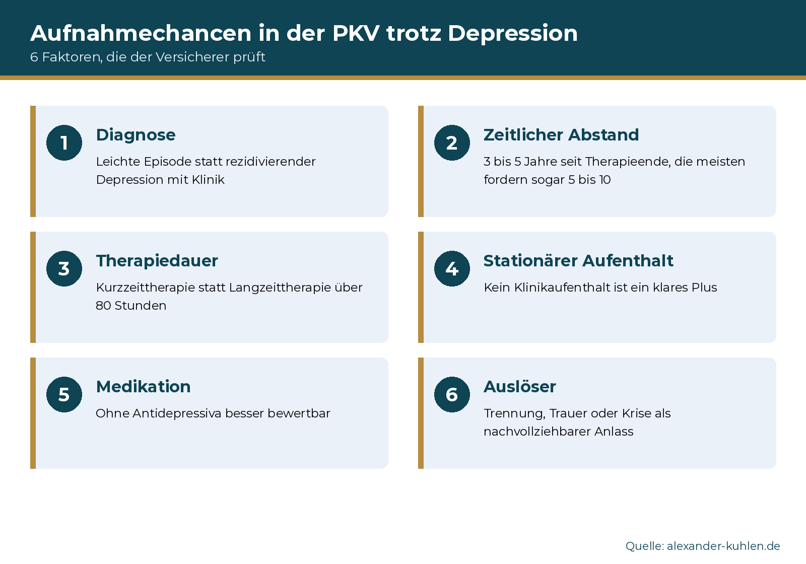 Infografik mit den 6 Faktoren, die der Versicherer bei psychischer Vorgeschichte prüft: Diagnose, zeitlicher Abstand, Therapiedauer, stationärer Aufenthalt, Medikation und situativer Auslöser.